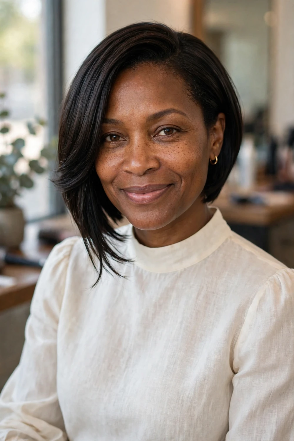 Woman with an angled bob that is shorter at the back and longer in front on thin hair