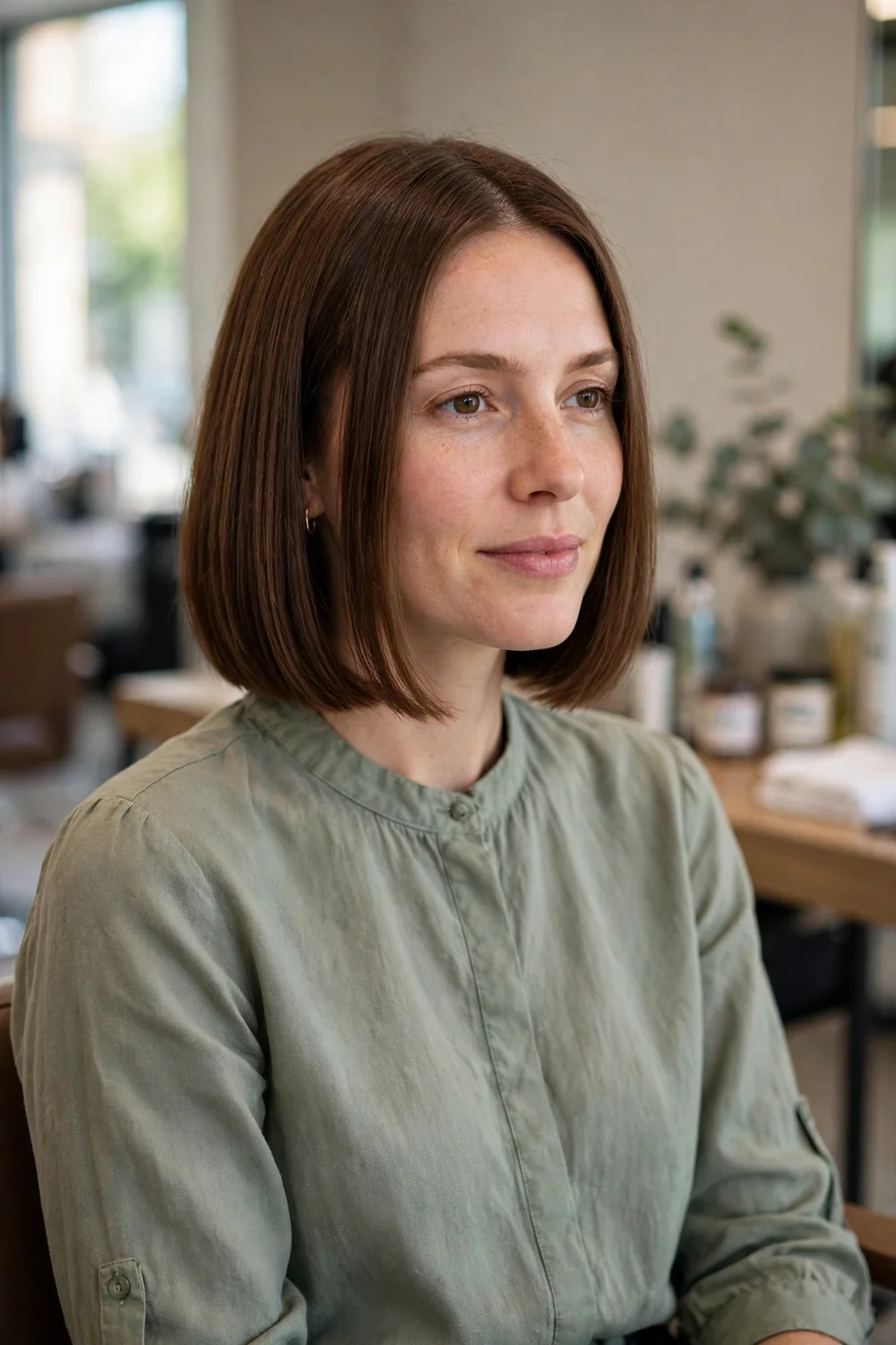 Woman with a blunt chin-length bob with even thick-looking ends on fine thin hair