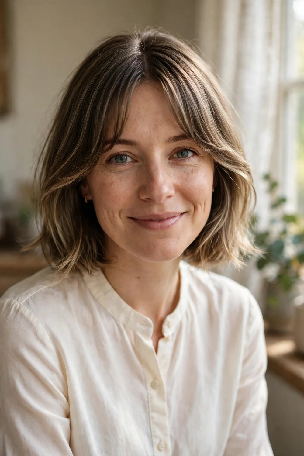 Woman with a bob with curtain bangs framing the face on thin hair