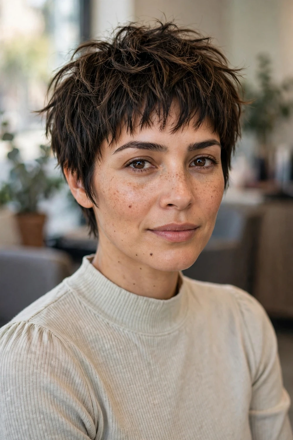 Woman with a choppy pixie with jagged textured layers on fine hair