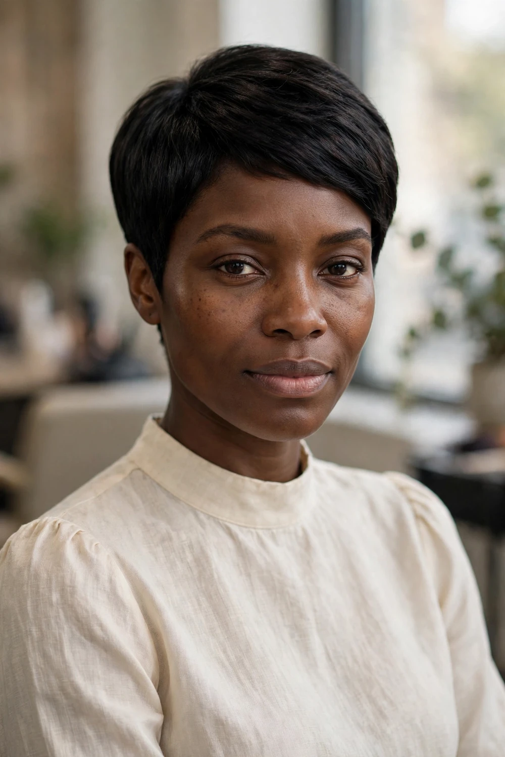 Woman with a classic tapered pixie with neat sides and full crown on thin hair