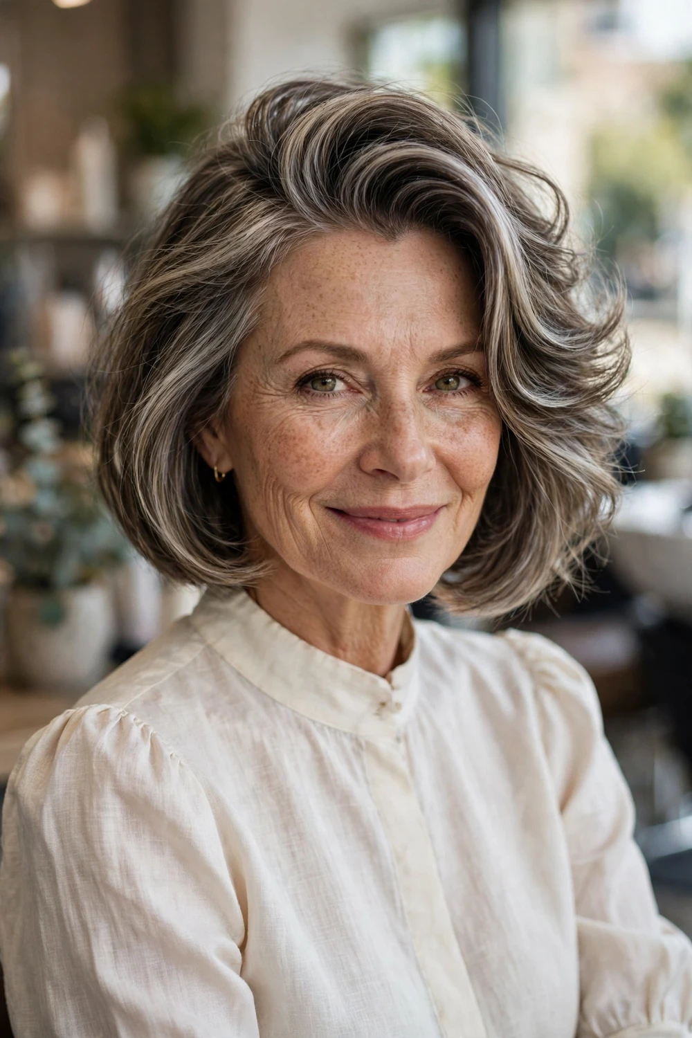 Woman with a deep side-part bob with dramatic root lift on thin hair