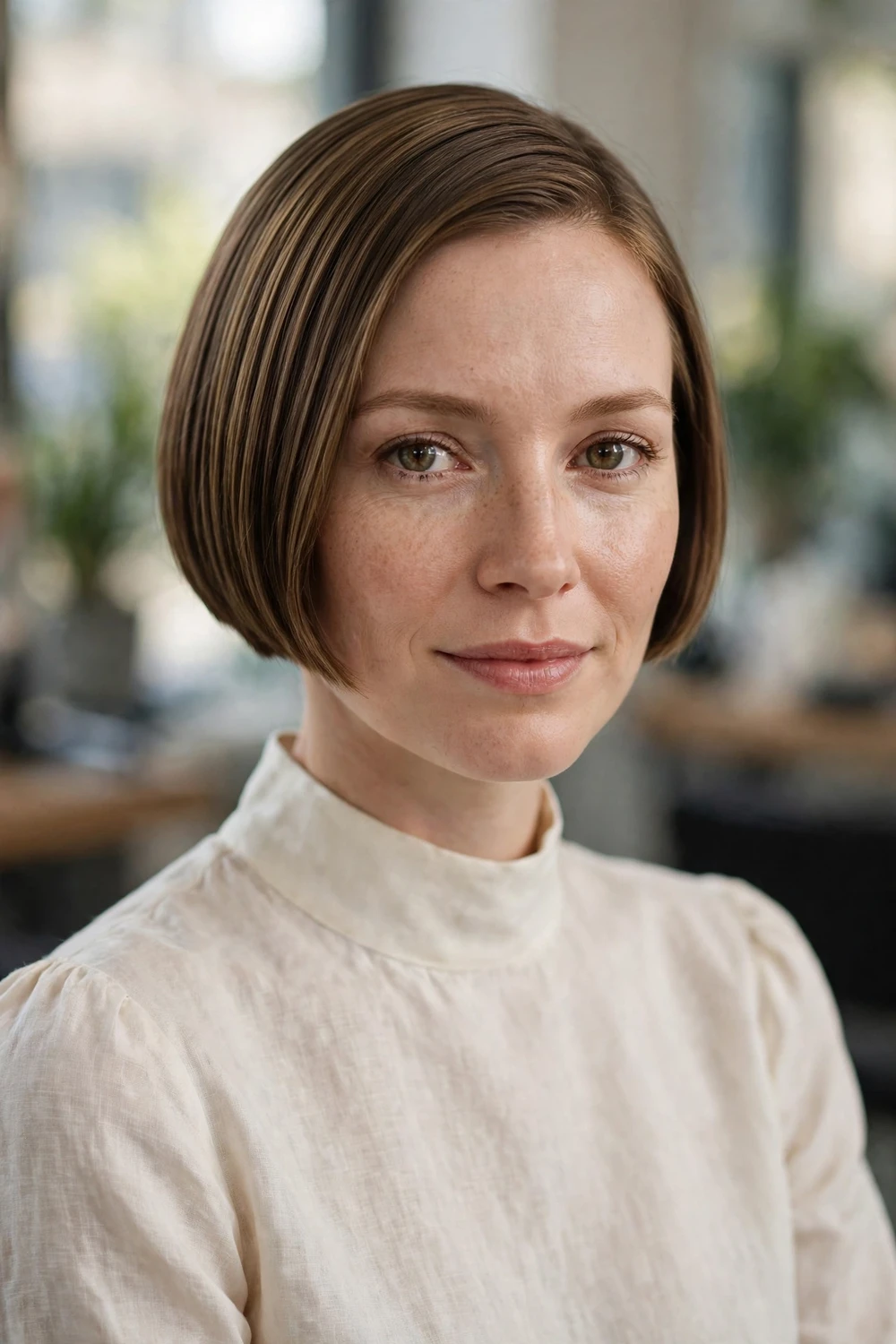 Woman with an ear-length micro bob with a sharp clean shape on thin hair