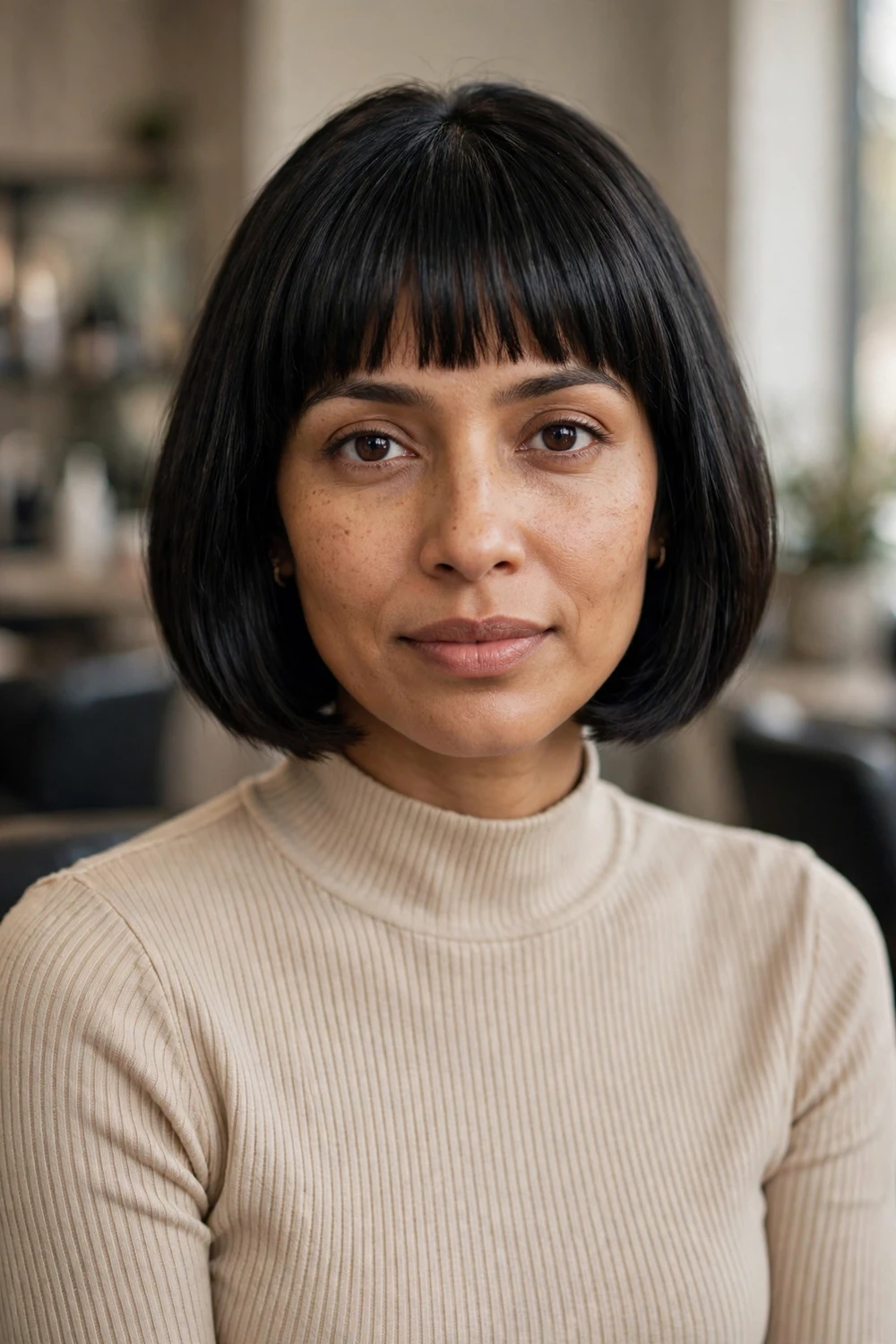 Woman with a chic French bob at jaw length with full bangs on fine hair