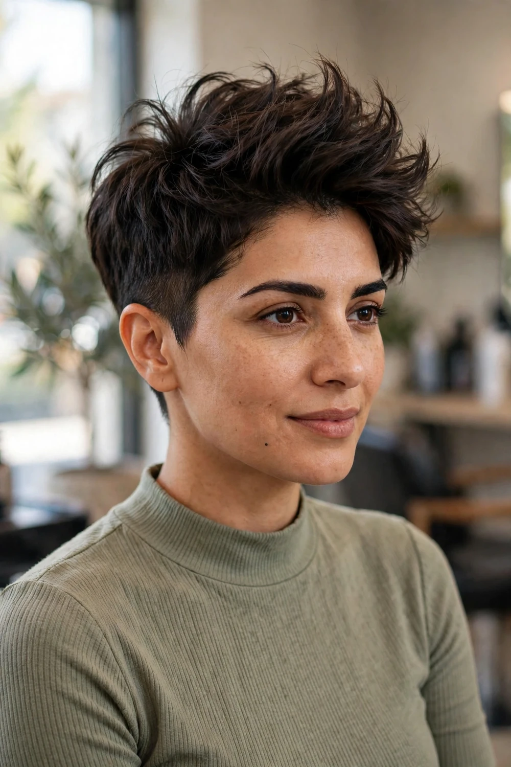 Woman with a pixie cut with long layers on top styled with volume on thin hair