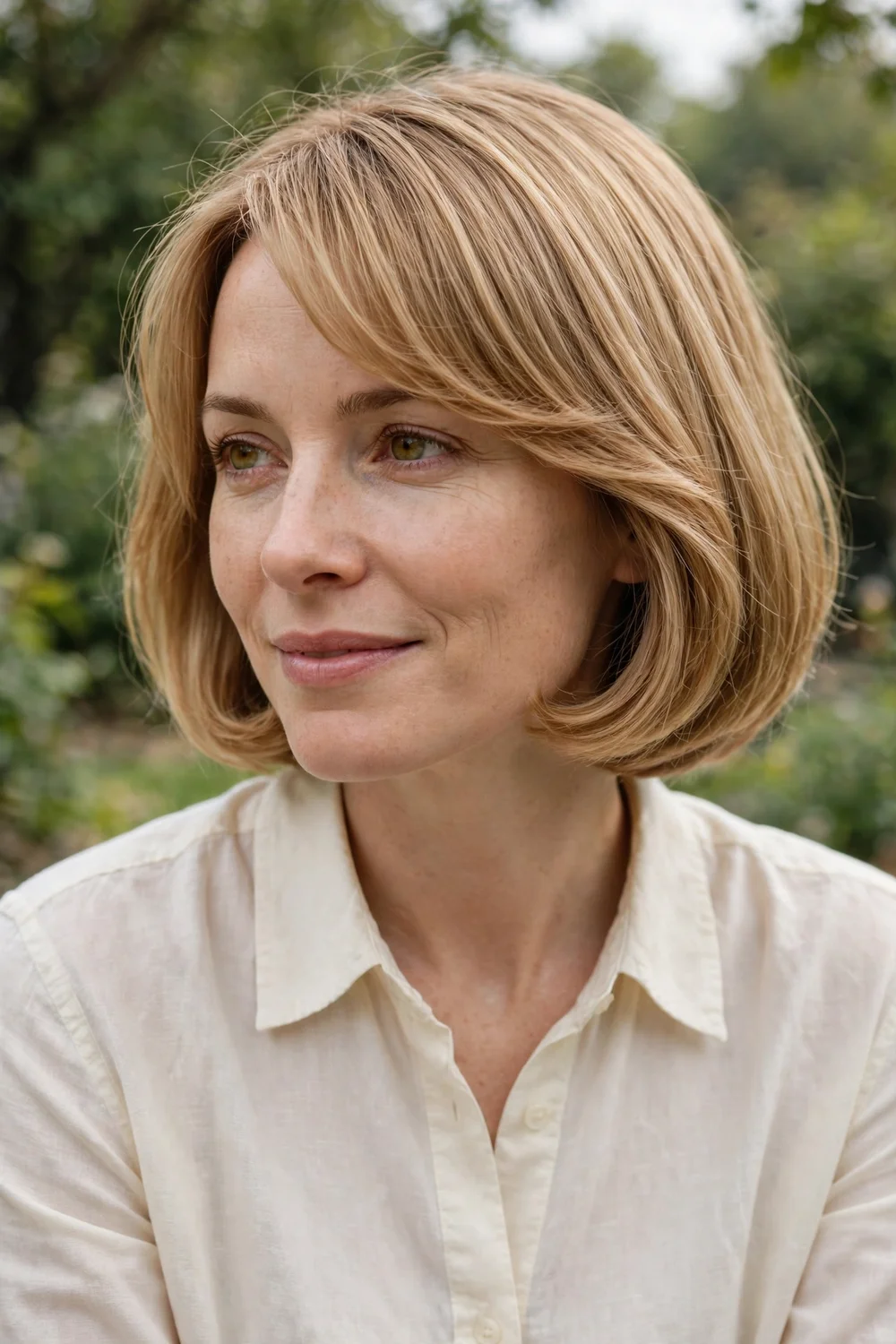 Woman with a rounded bob with side-swept bangs on thin fine hair