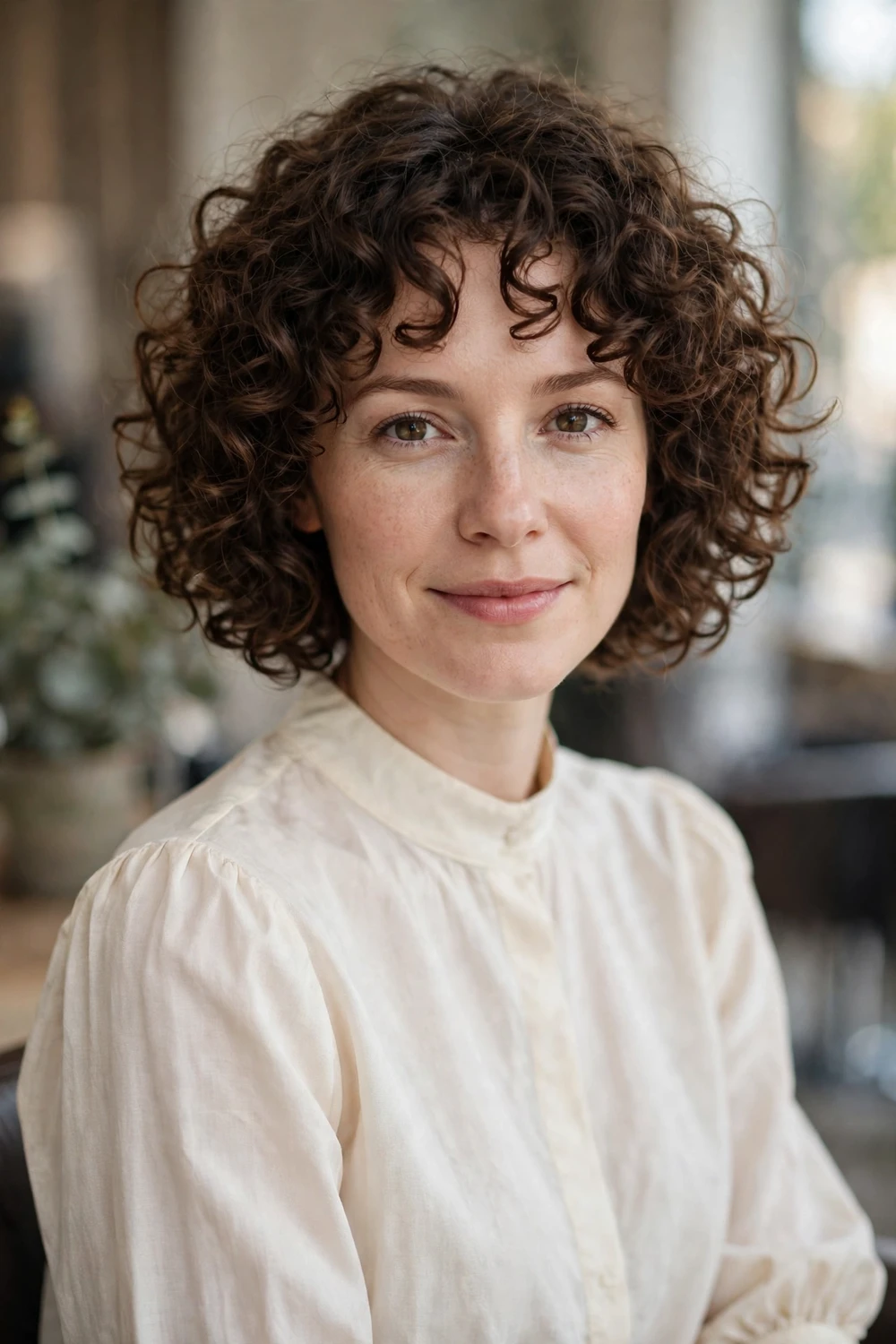 Woman with a short curly bob with bouncy defined curls adding volume to thin hair
