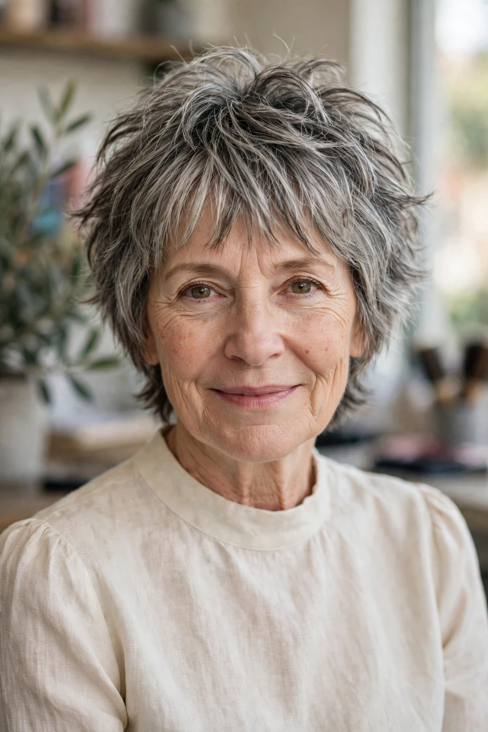 Woman with a short shag haircut with choppy crown layers on thin hair