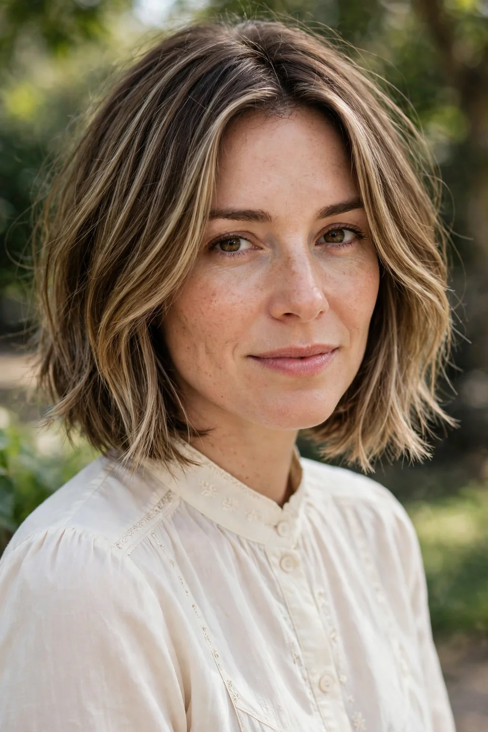 Woman with a side-parted bob showing lifted roots and volume on thin hair