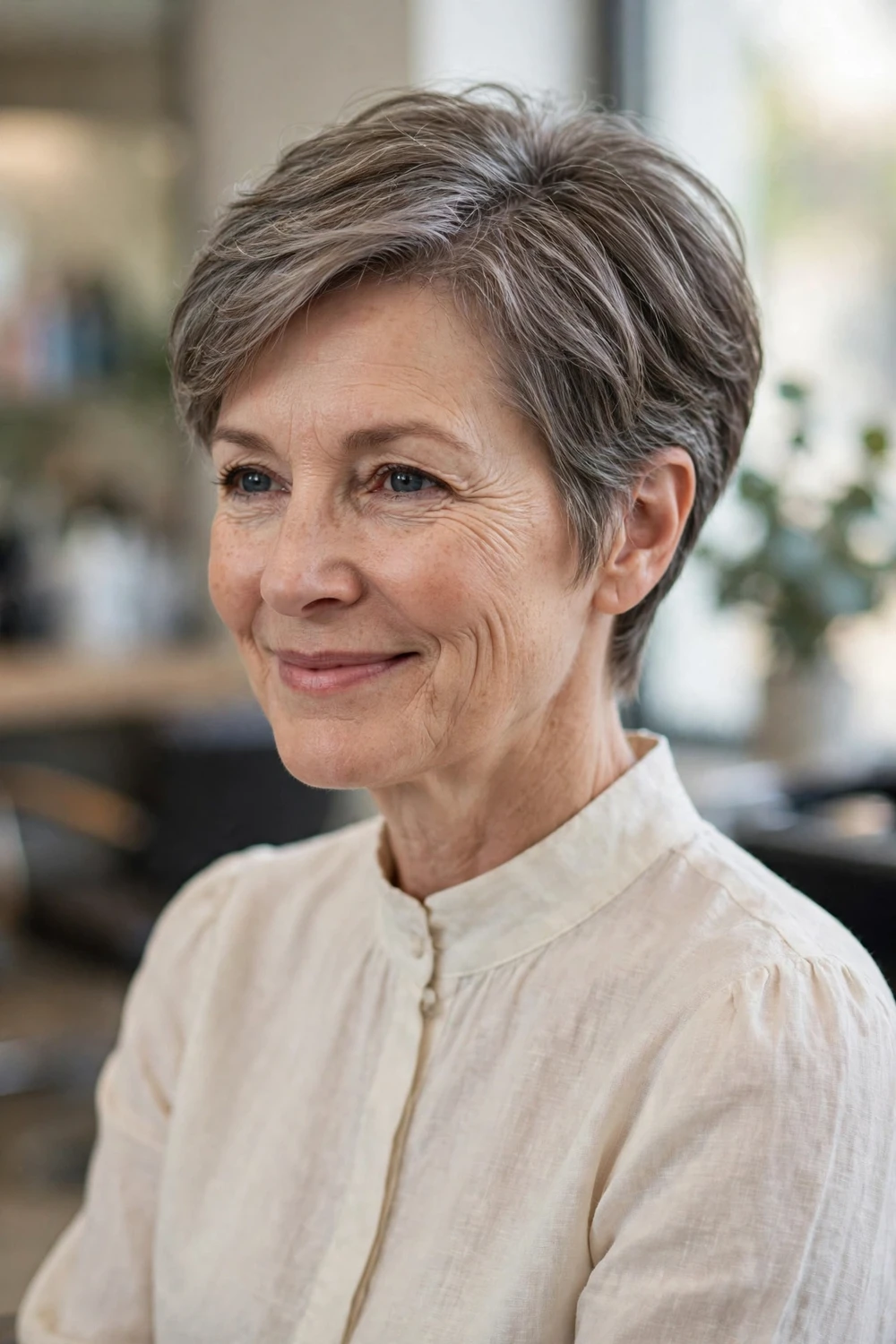 Woman with a soft bixie haircut blending bob and pixie lengths on thin hair