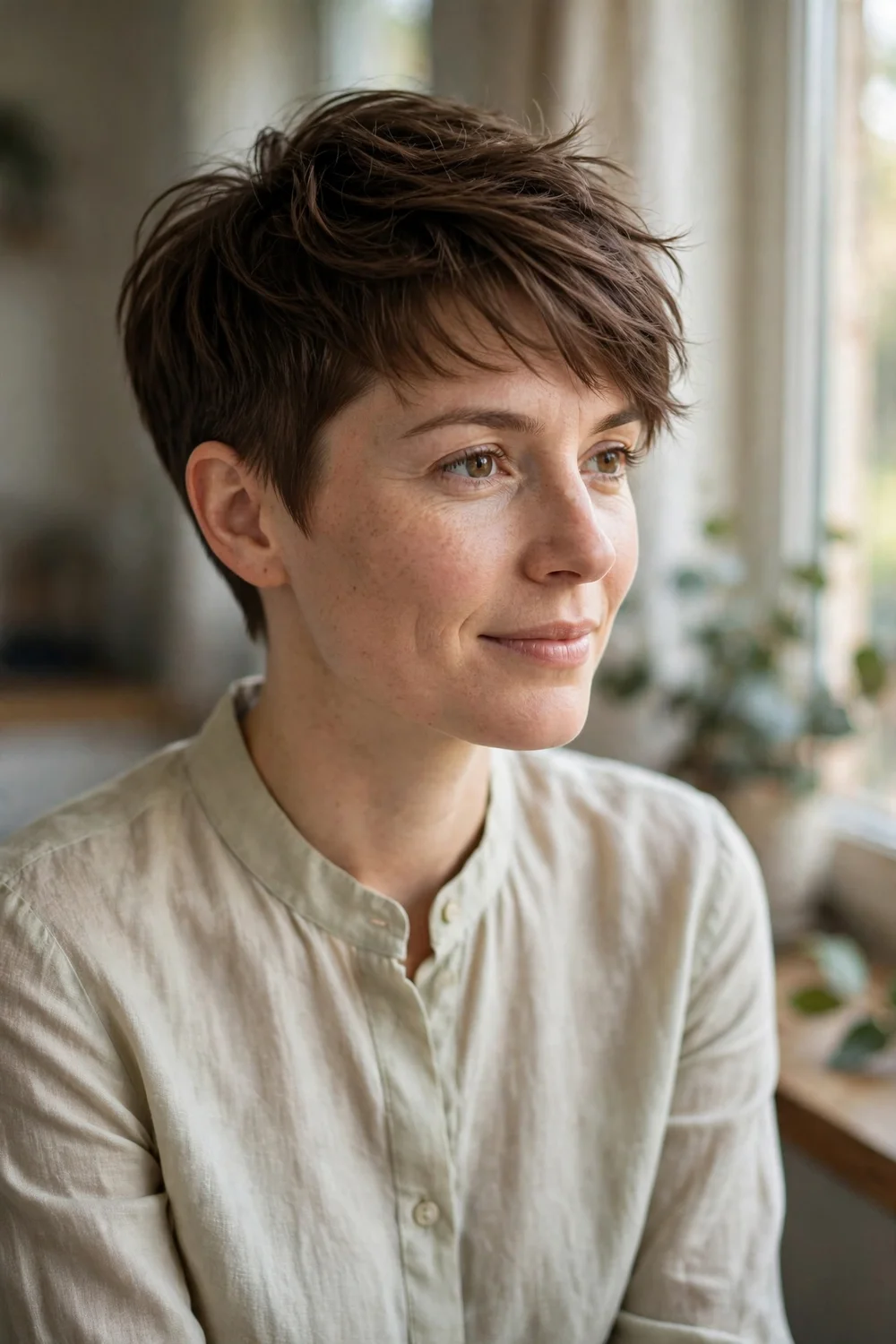 Woman with a soft textured crop with neat sides and longer top on fine hair