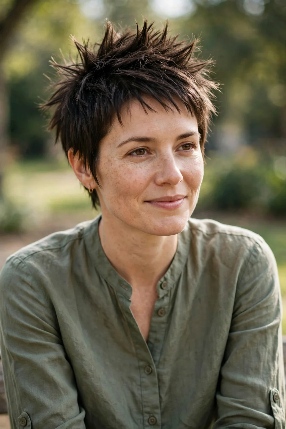 Woman with a spiky pixie with defined texture spikes on thin hair
