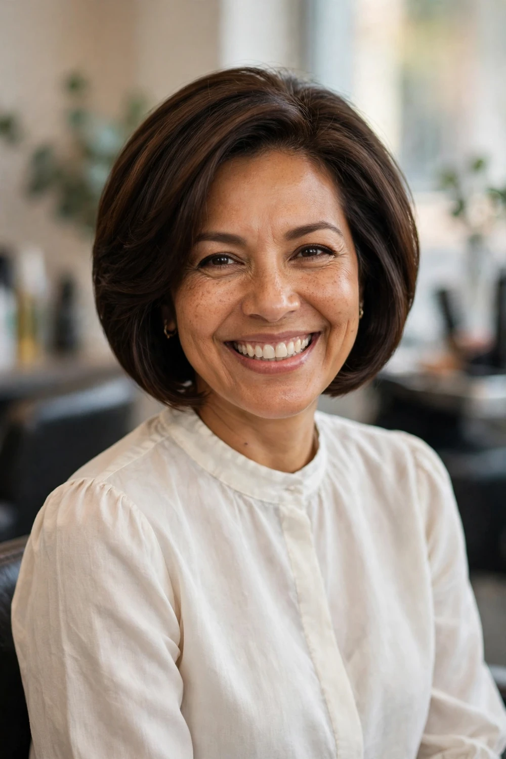 Woman with a stacked bob with graduated layers building volume at the back on thin hair