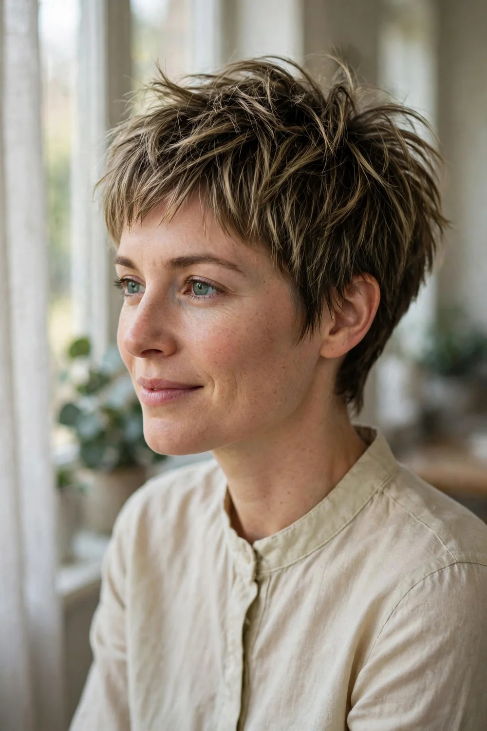 Woman with a textured pixie cut with piecey layers adding volume to thin hair