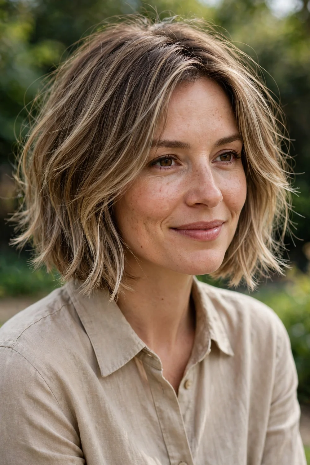 Woman with a wispy layered bob with dimensional balayage color on thin hair