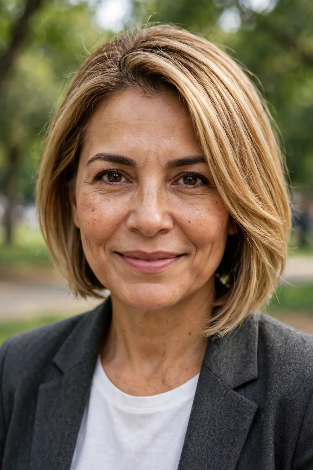 Woman over 40 with an angled bob featuring a shorter back and longer front pieces