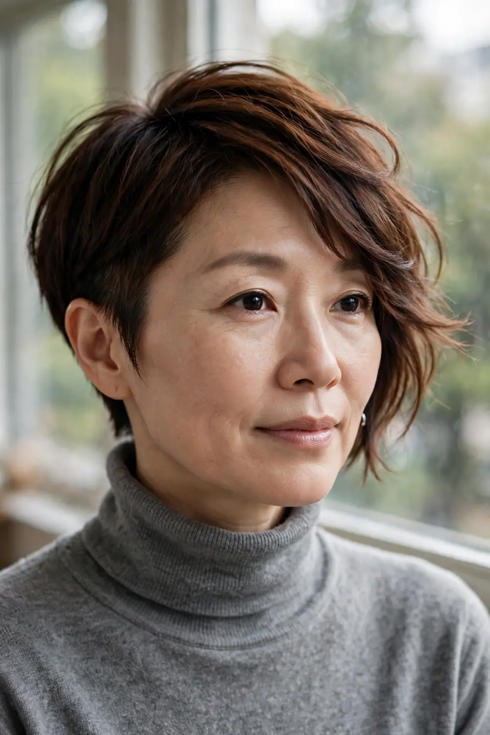 Woman over 40 with an asymmetrical pixie featuring one side longer than the other