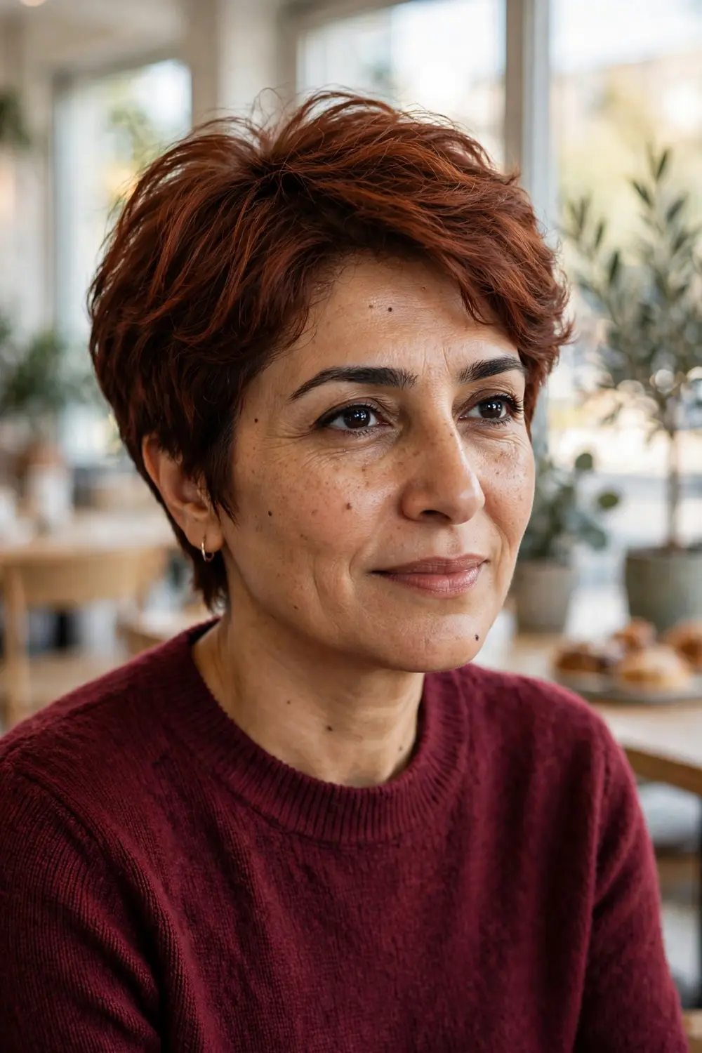 Woman over 40 with a bixie cut featuring soft layered volume and a modern shape