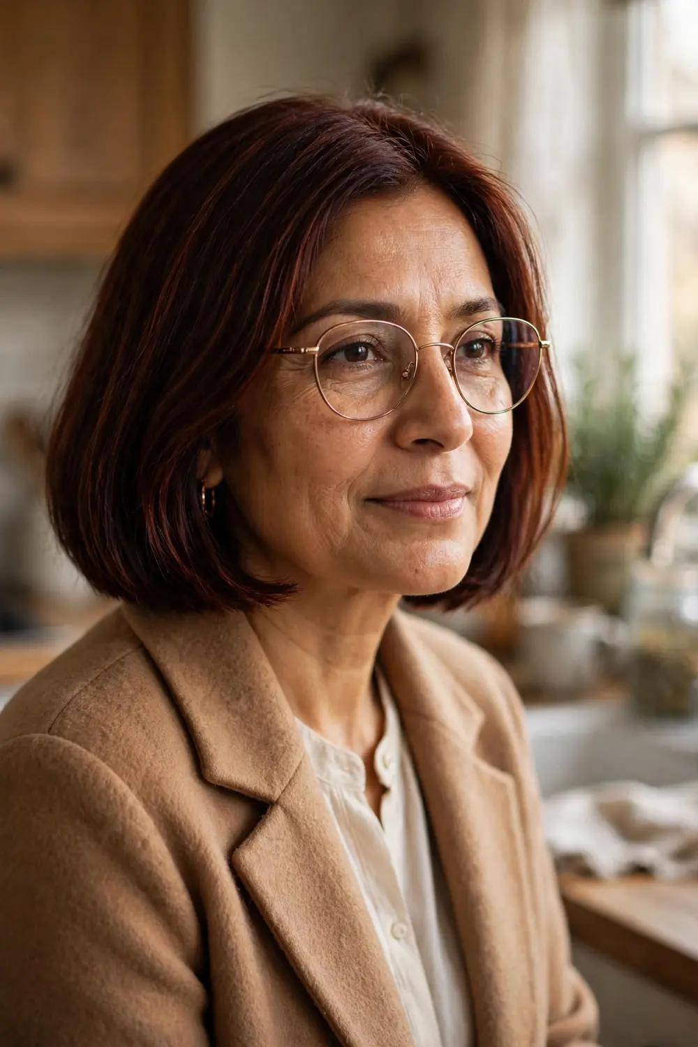 Woman over 40 with a blunt chin-length bob featuring a sharp straight perimeter