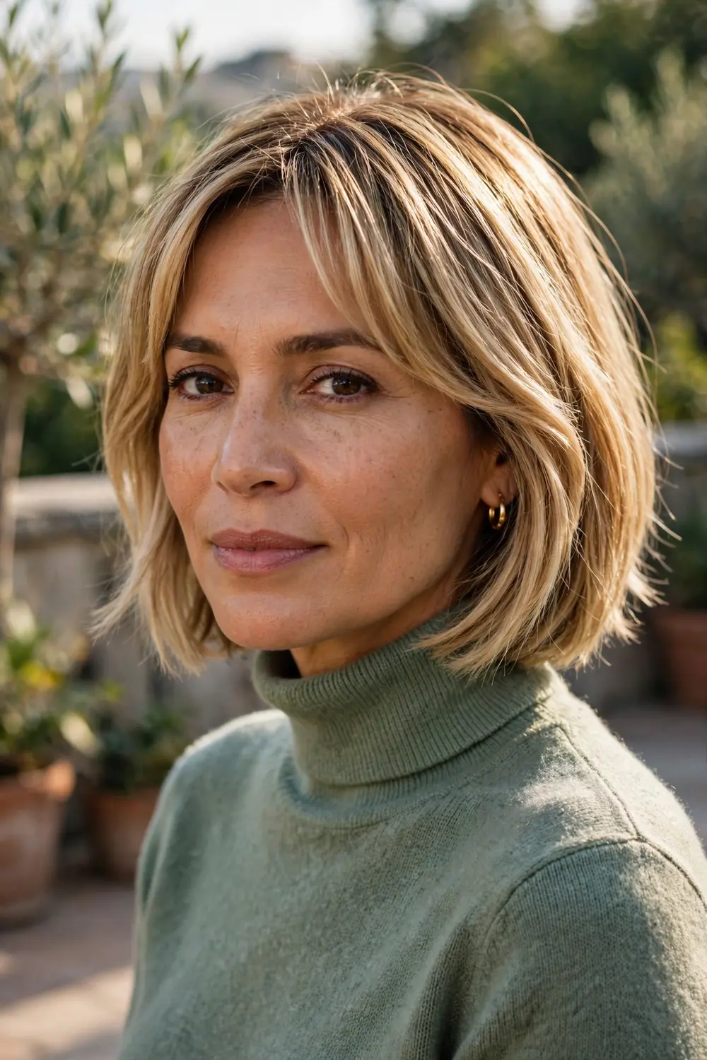 Woman over 40 with a bob haircut paired with soft curtain bangs