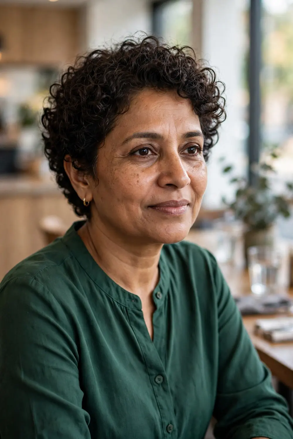 Woman over 40 with a curly crop featuring defined natural curls and a balanced shape