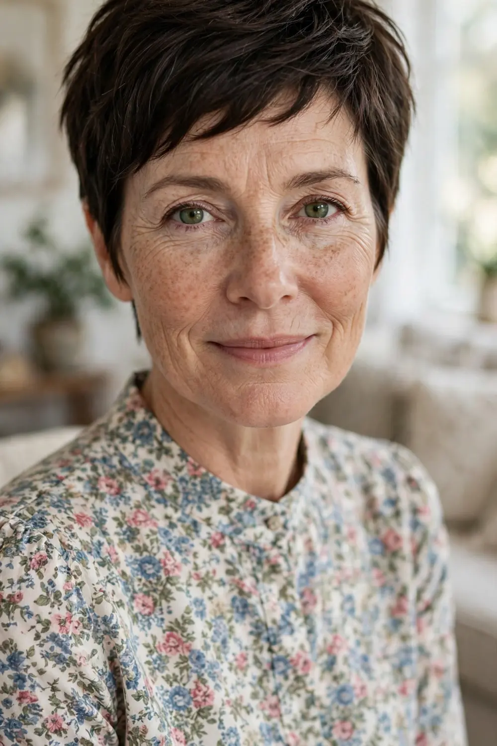 Woman over 40 with a feathered pixie featuring soft wispy layers and natural lift