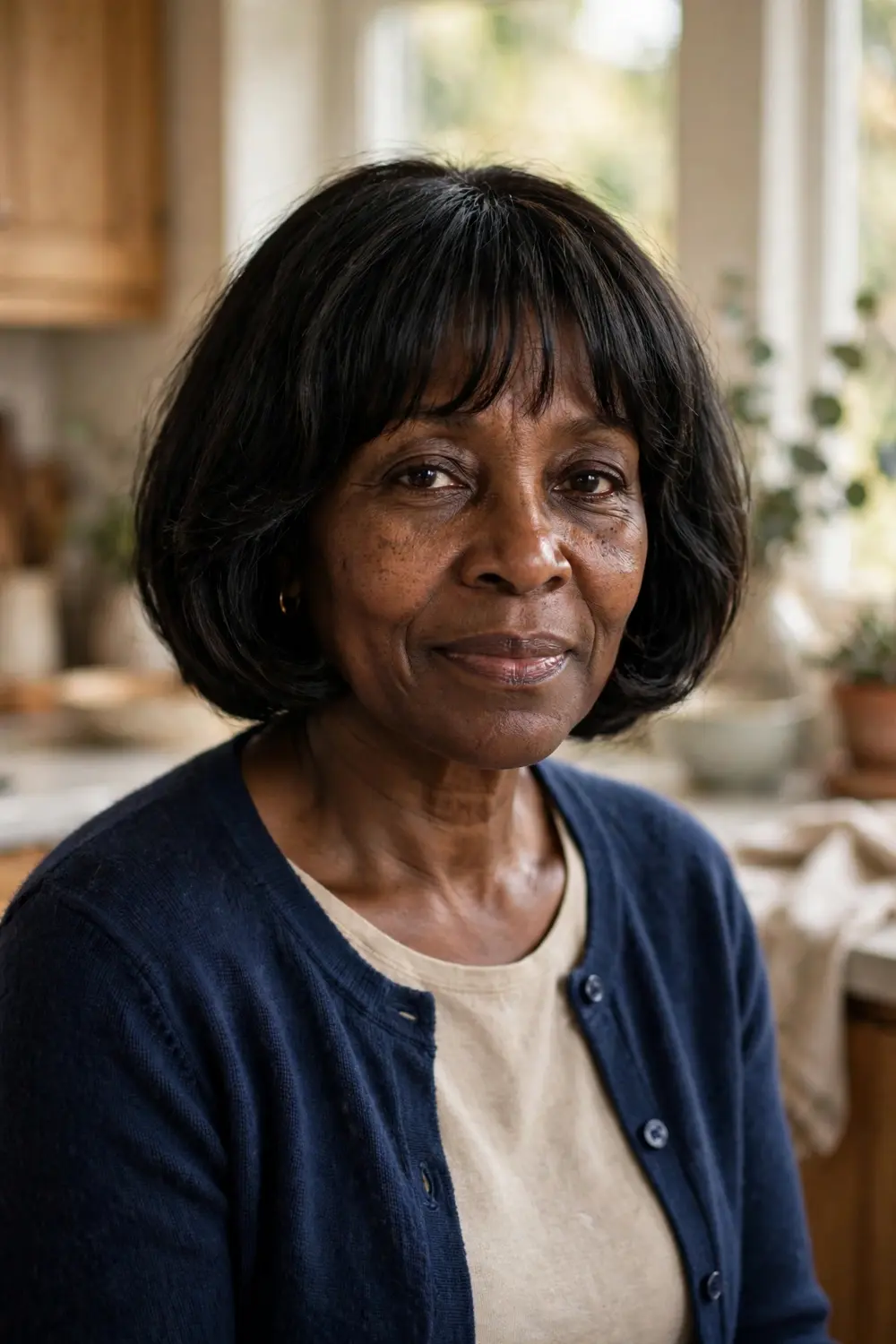 Woman over 40 with a French bob featuring clean chin-length lines and a soft fringe