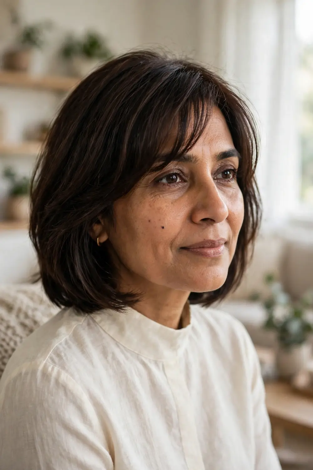 Woman over 40 with a layered bob featuring soft layers and face-framing side bangs