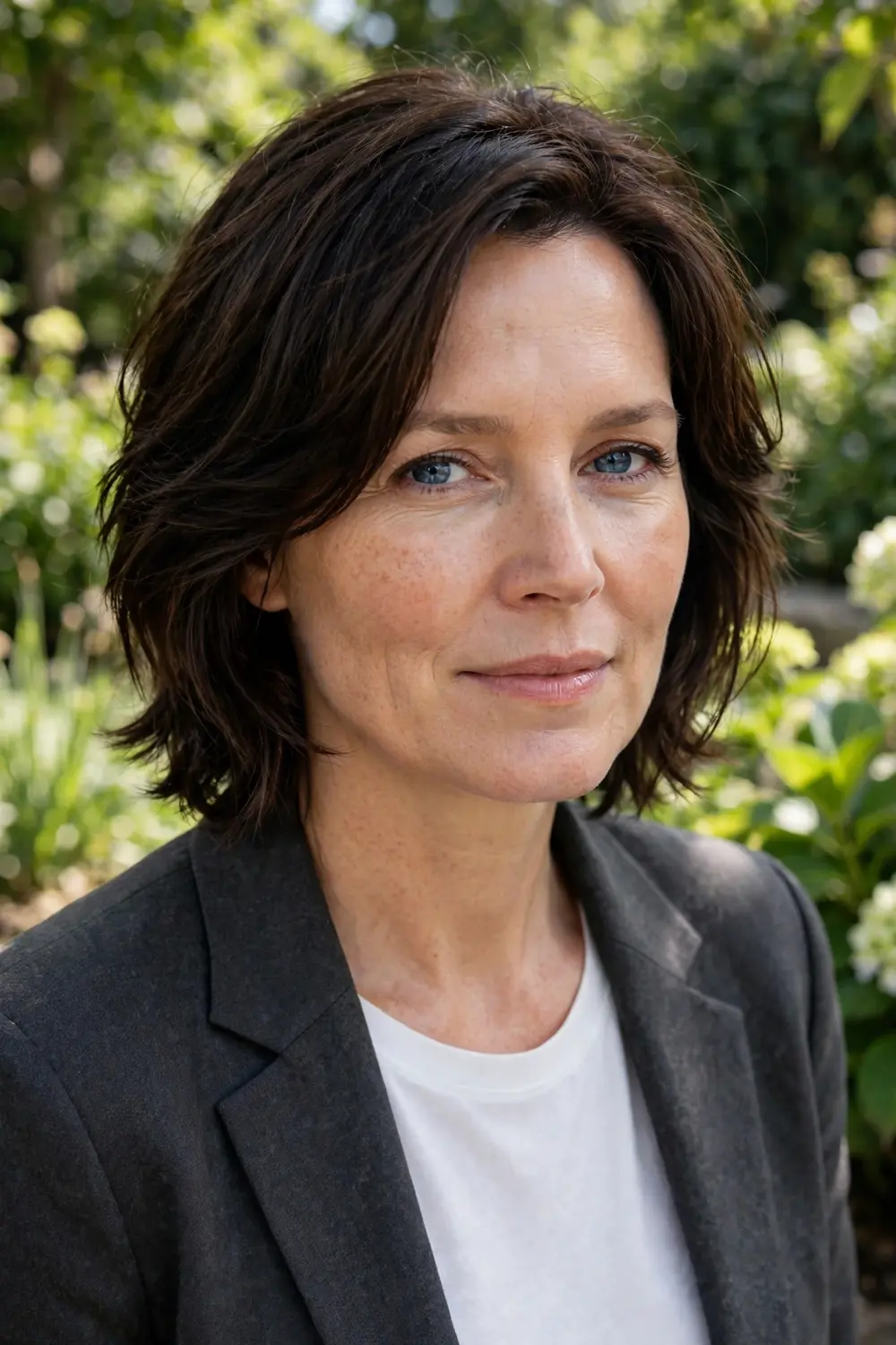 Woman over 40 with a layered lob falling at the collarbone with soft movement