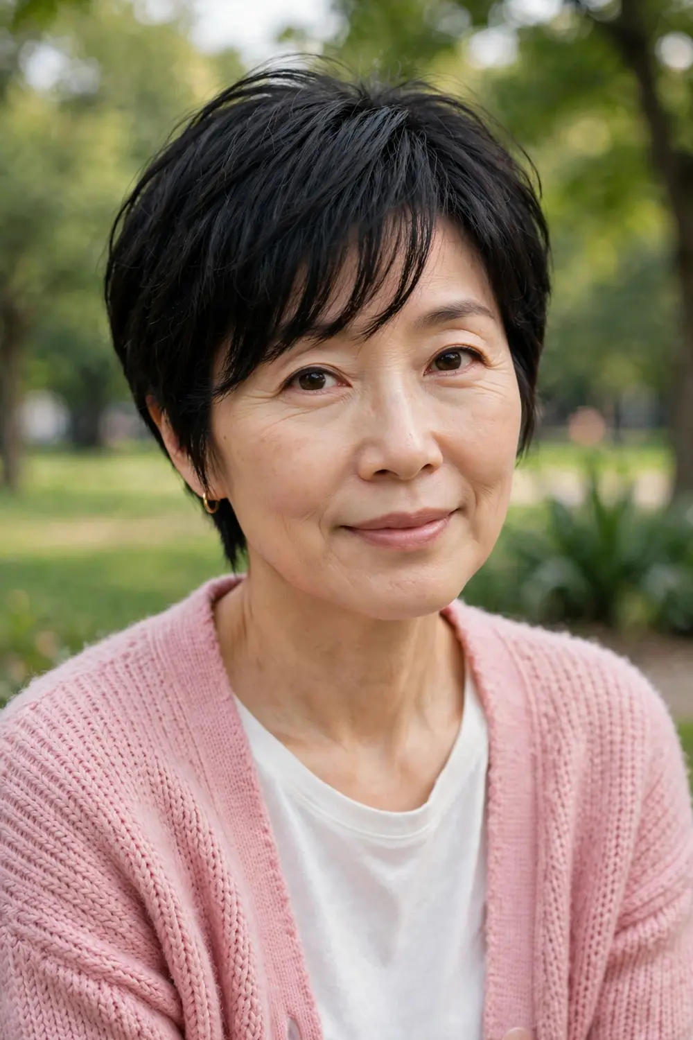 Woman over 40 with a pixie cut featuring a long sweeping fringe