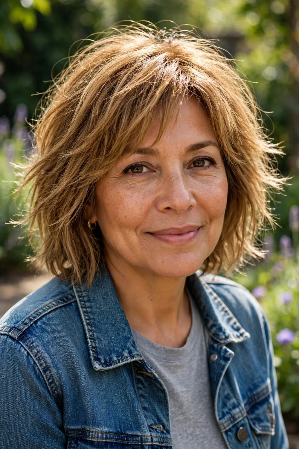 Woman over 40 with a shaggy bob featuring choppy layers and tousled texture