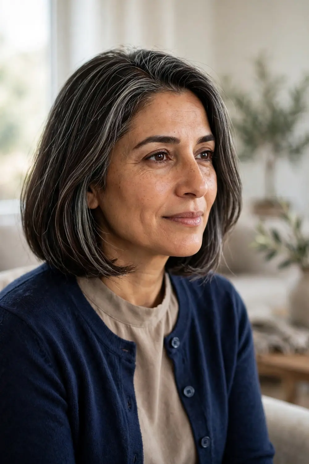Woman over 40 with a sleek bob featuring silver streaks around the face