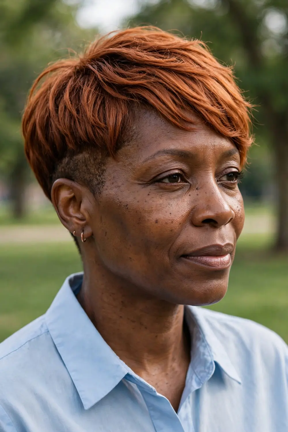 Woman over 40 with a pixie featuring a soft faded undercut beneath longer top layers