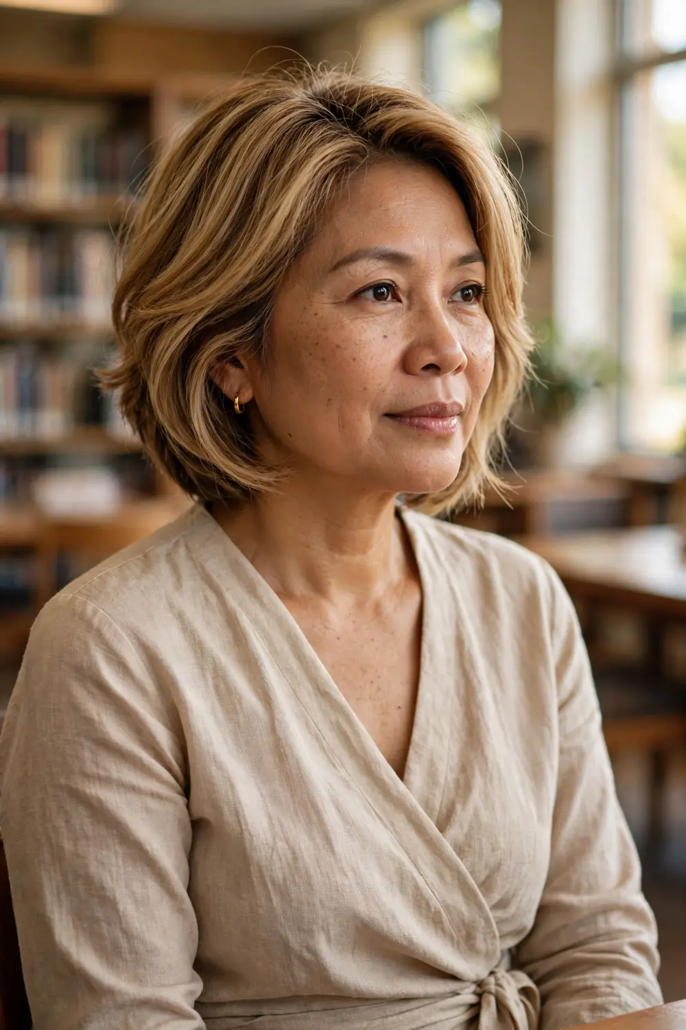 Woman over 40 with a stacked bob featuring rounded back layers and a polished shape