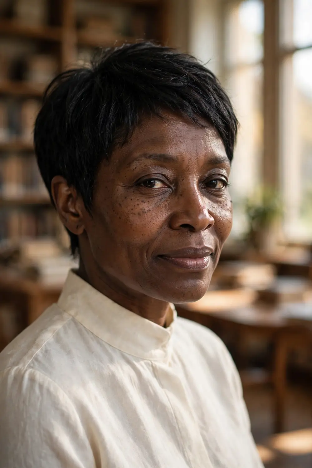 Woman over 40 with a tapered pixie featuring neatly tapered sides and soft top length