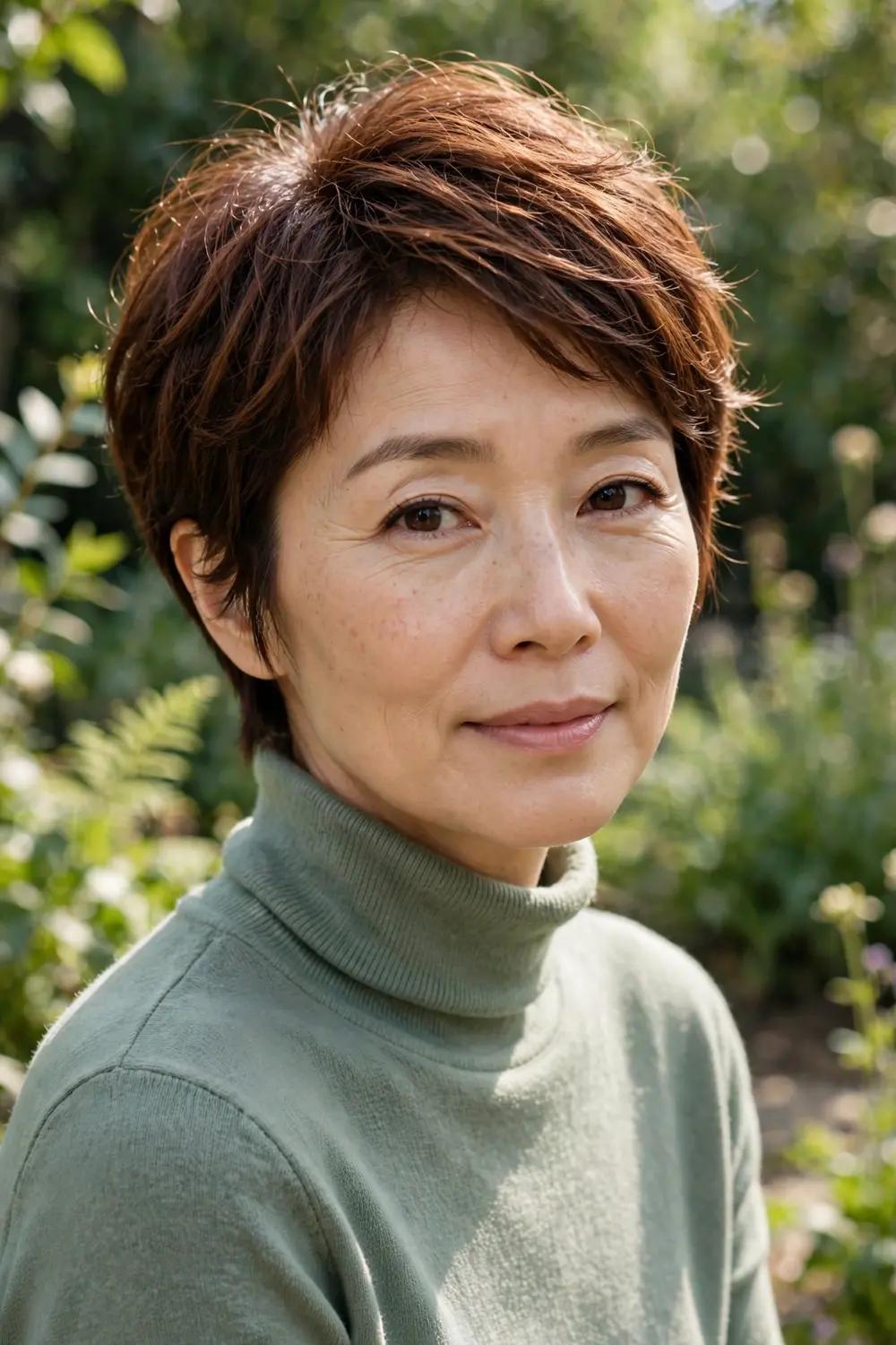 Woman over 40 with a textured pixie cut featuring choppy layers and natural volume