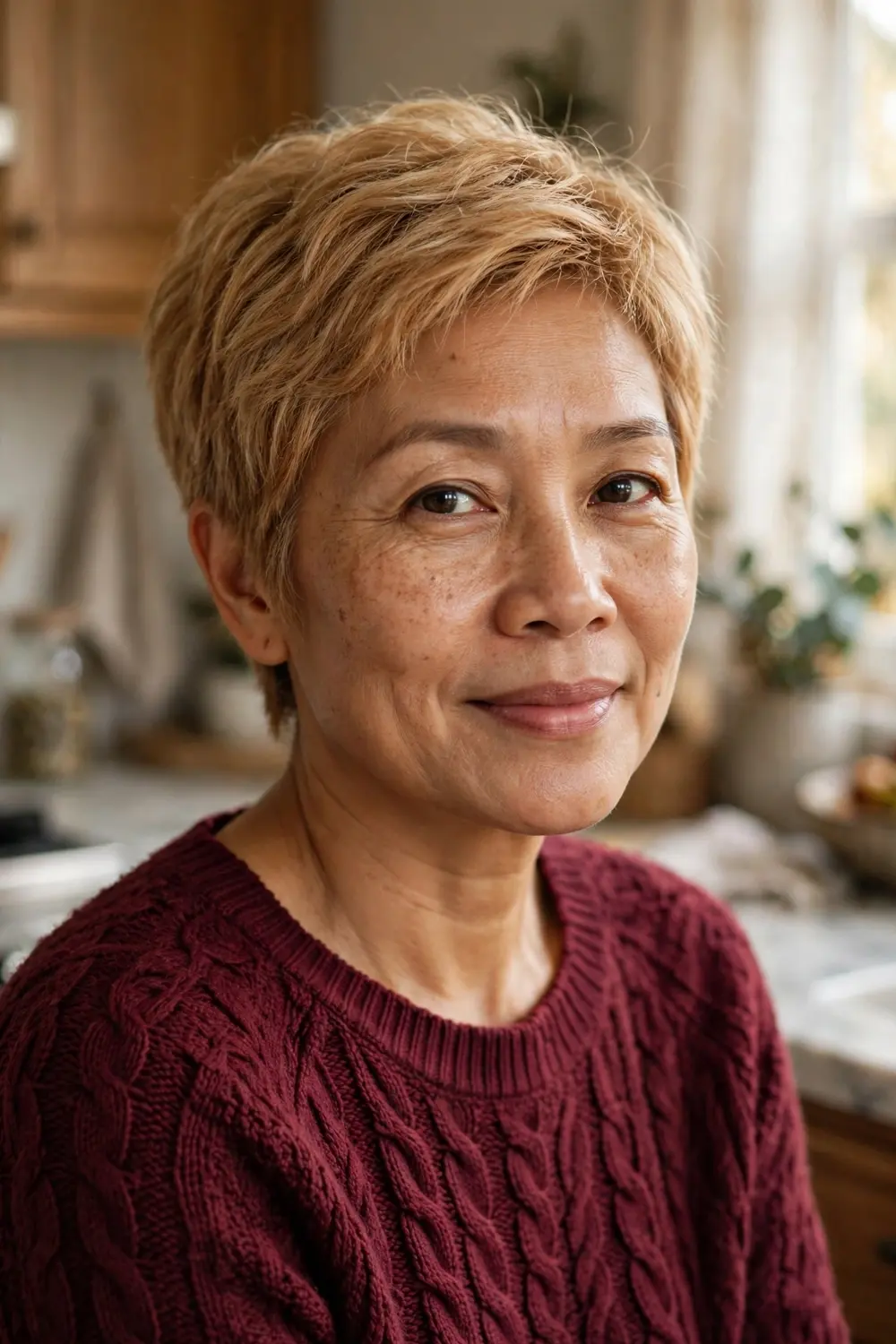 Woman over 40 with a wash-and-wear crop featuring soft natural texture