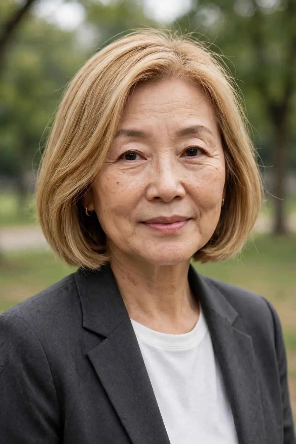 Woman over 50 with a chin-length bob featuring a sleek finish and jaw-level lines