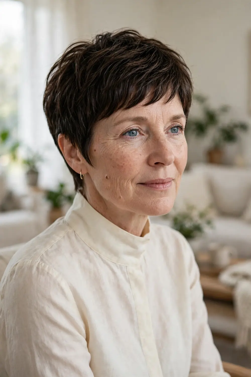Woman over 50 with a classic layered pixie featuring soft crown volume