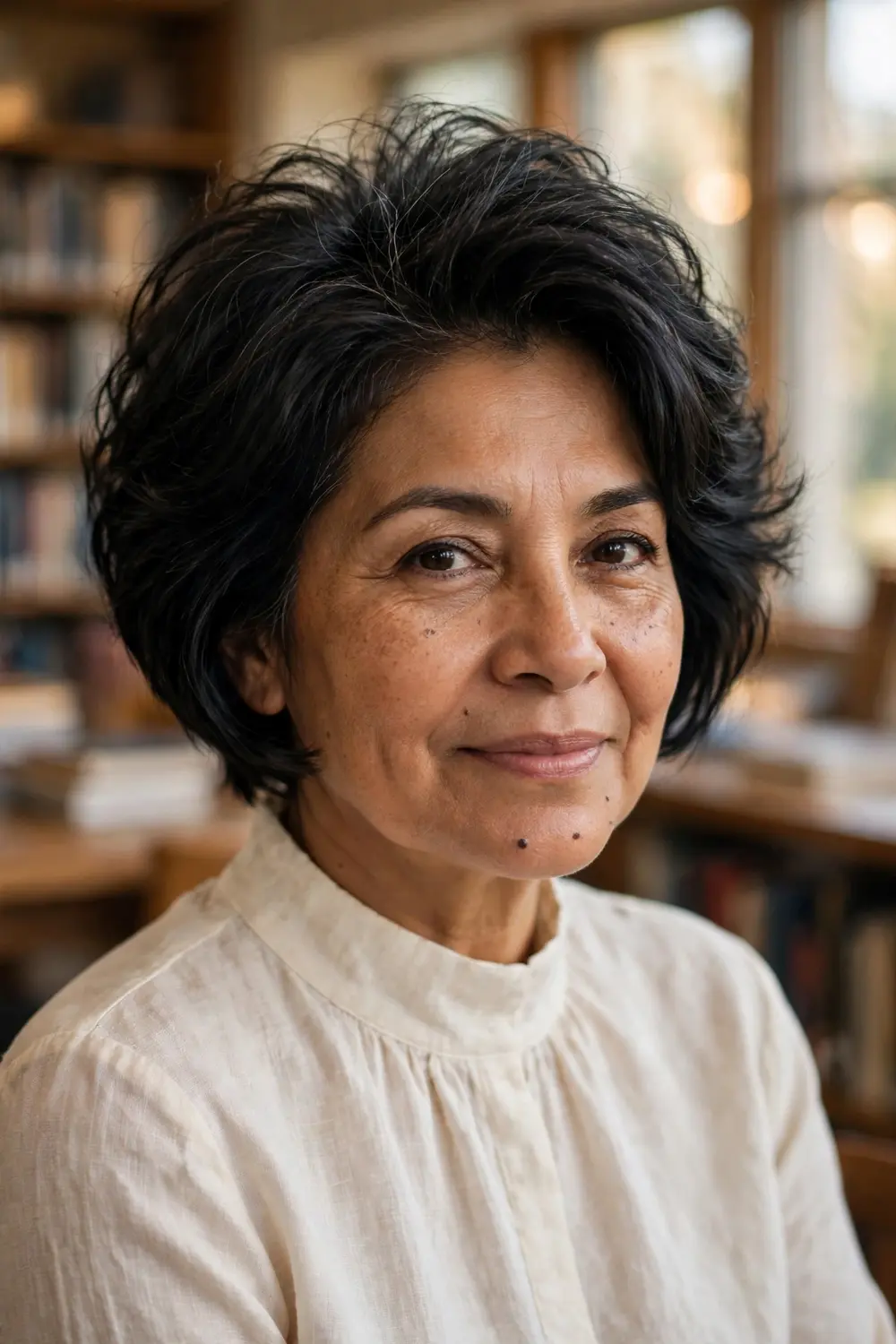 Woman over 50 with a cropped bob featuring noticeable crown volume