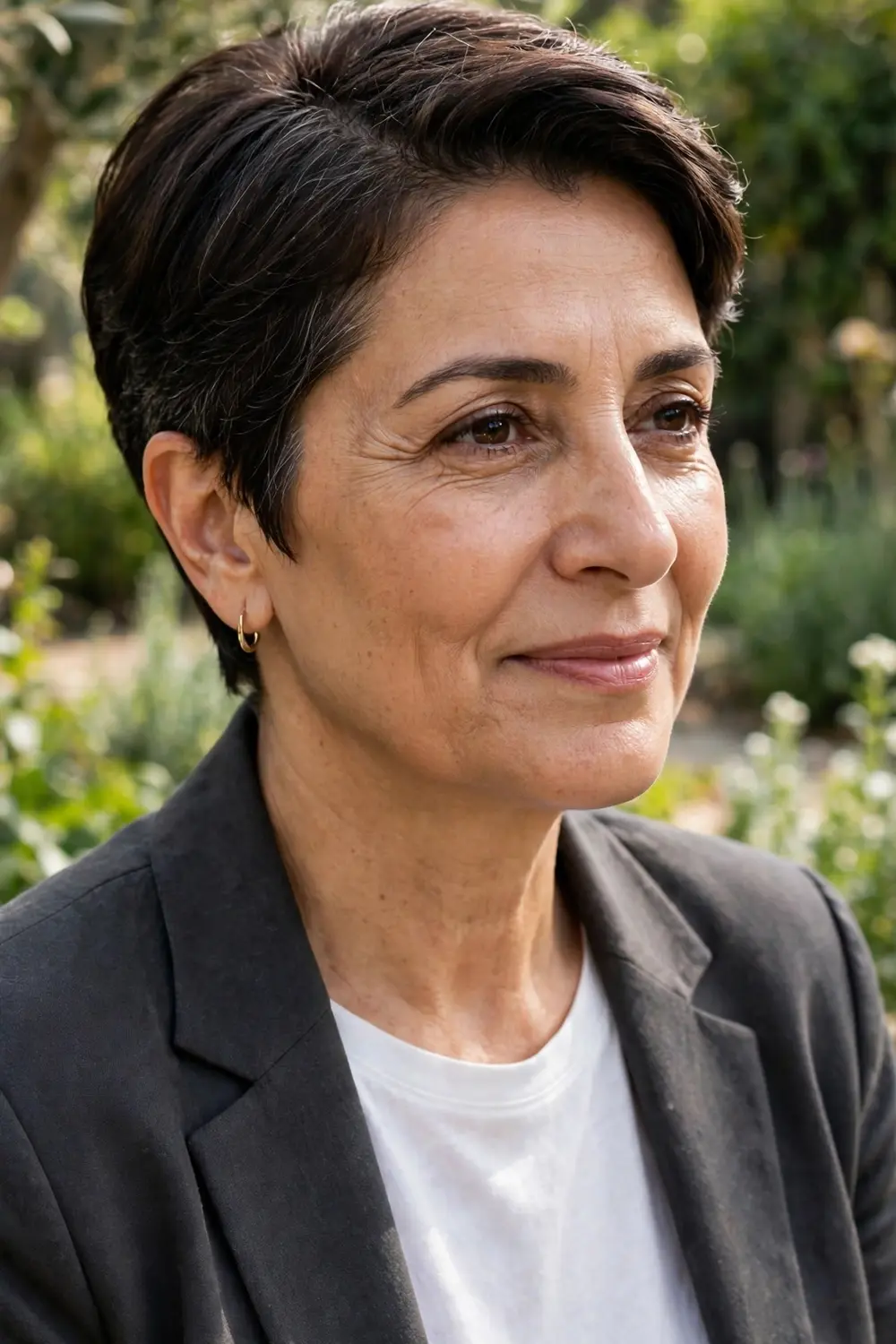 Woman over 50 with an elegant short crop featuring a deep side part
