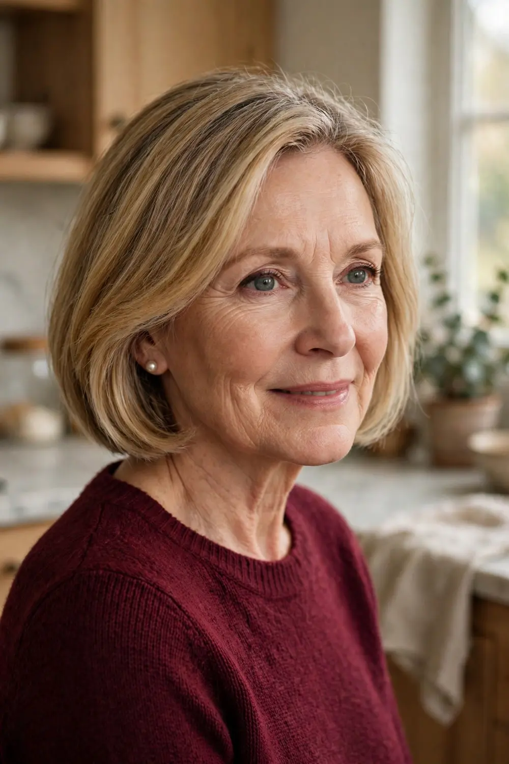 Woman over 50 with a chin bob featuring soft face-framing layers