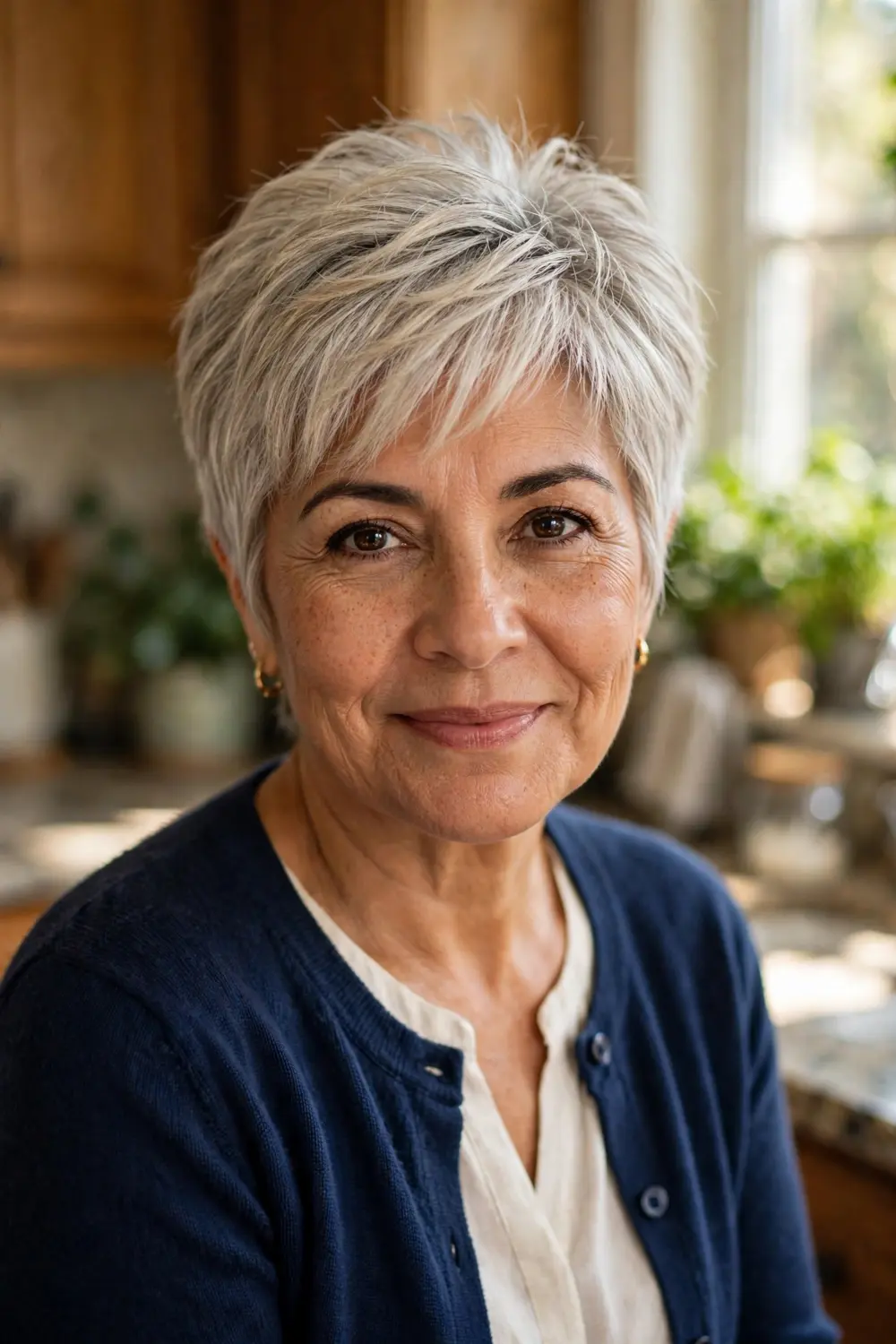 Woman over 50 with a feathered pixie cut in natural silver blonde