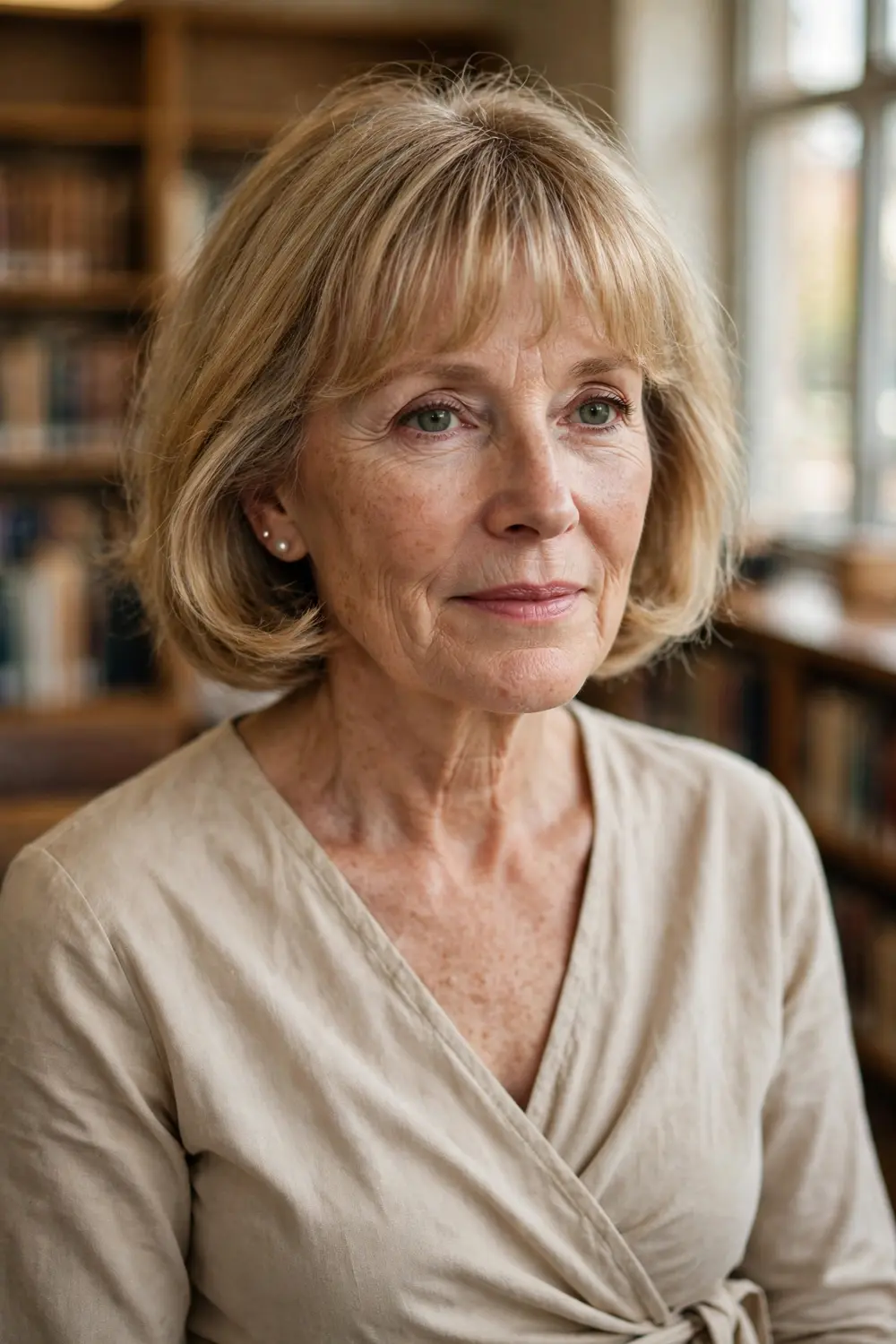 Woman over 50 with a French bob featuring a soft blunt fringe