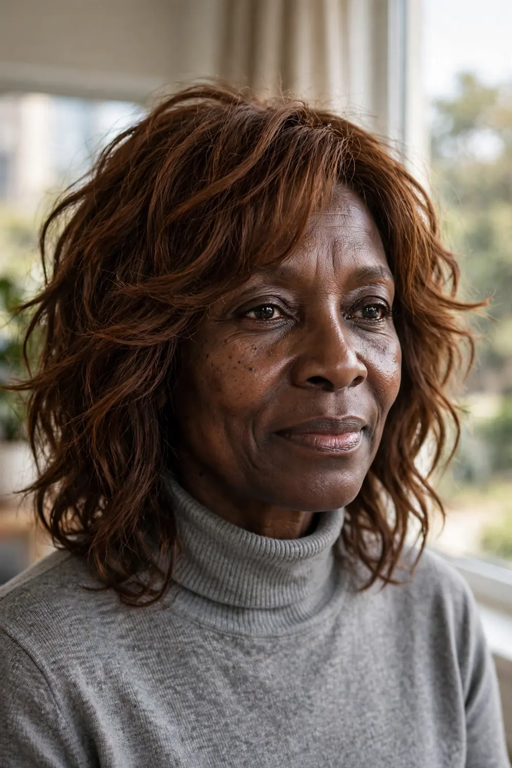 Woman over 50 with a layered shag featuring soft face-framing layers