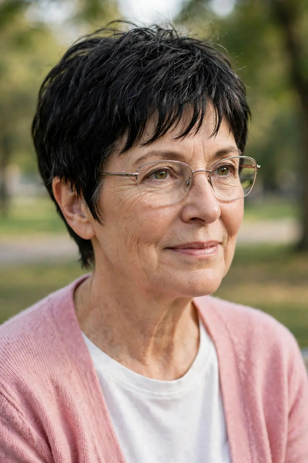 Woman over 50 with a pixie cut featuring light wispy bangs