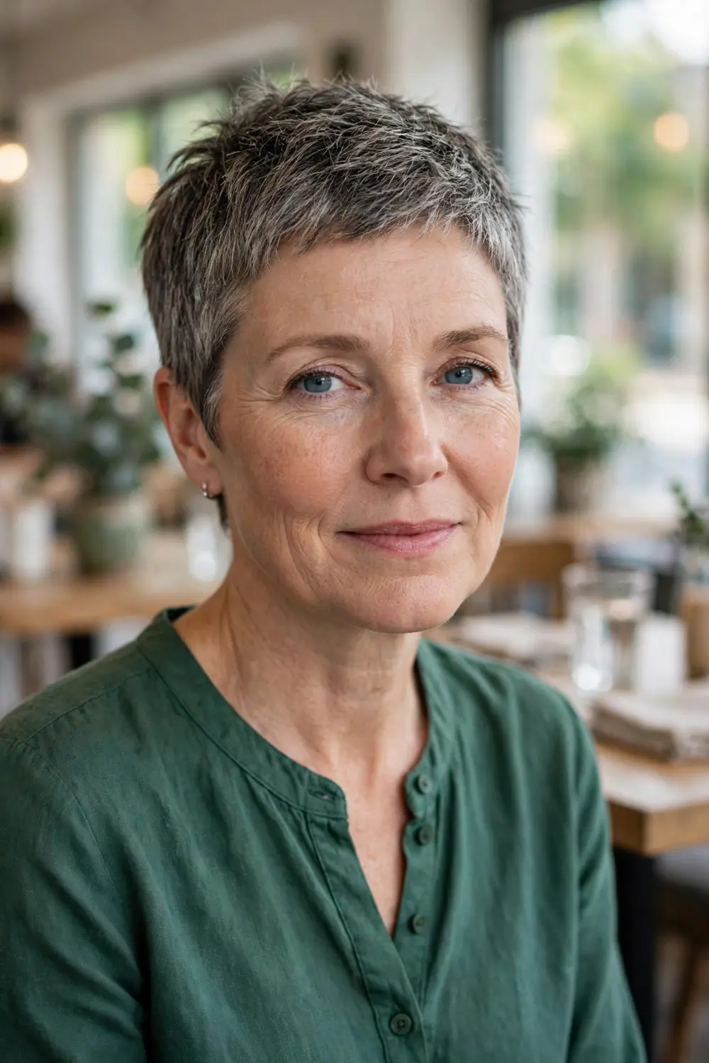 Woman over 50 with a salt-and-pepper pixie showcasing natural gray blending