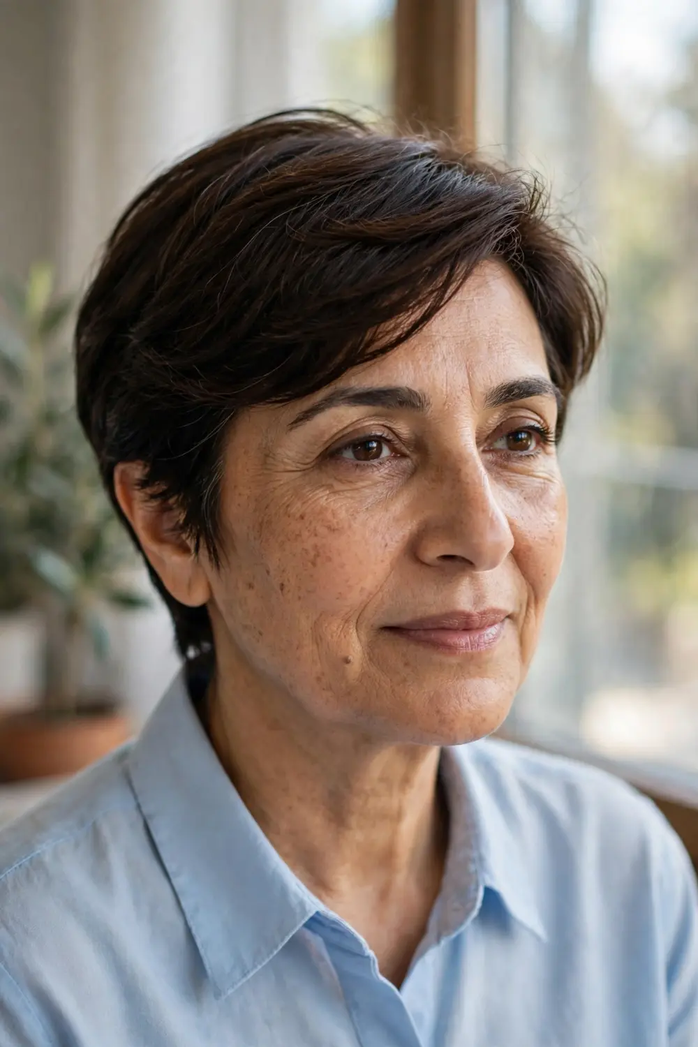 Woman over 50 with a side-swept pixie featuring a longer fringe
