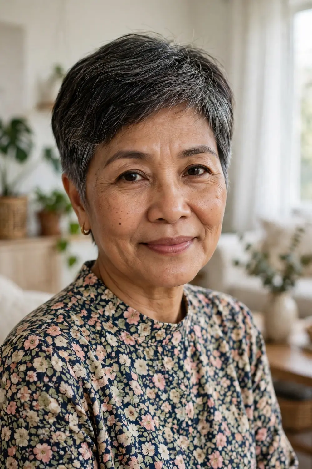 Woman over 50 with a silver tapered pixie featuring neatly tapered sides