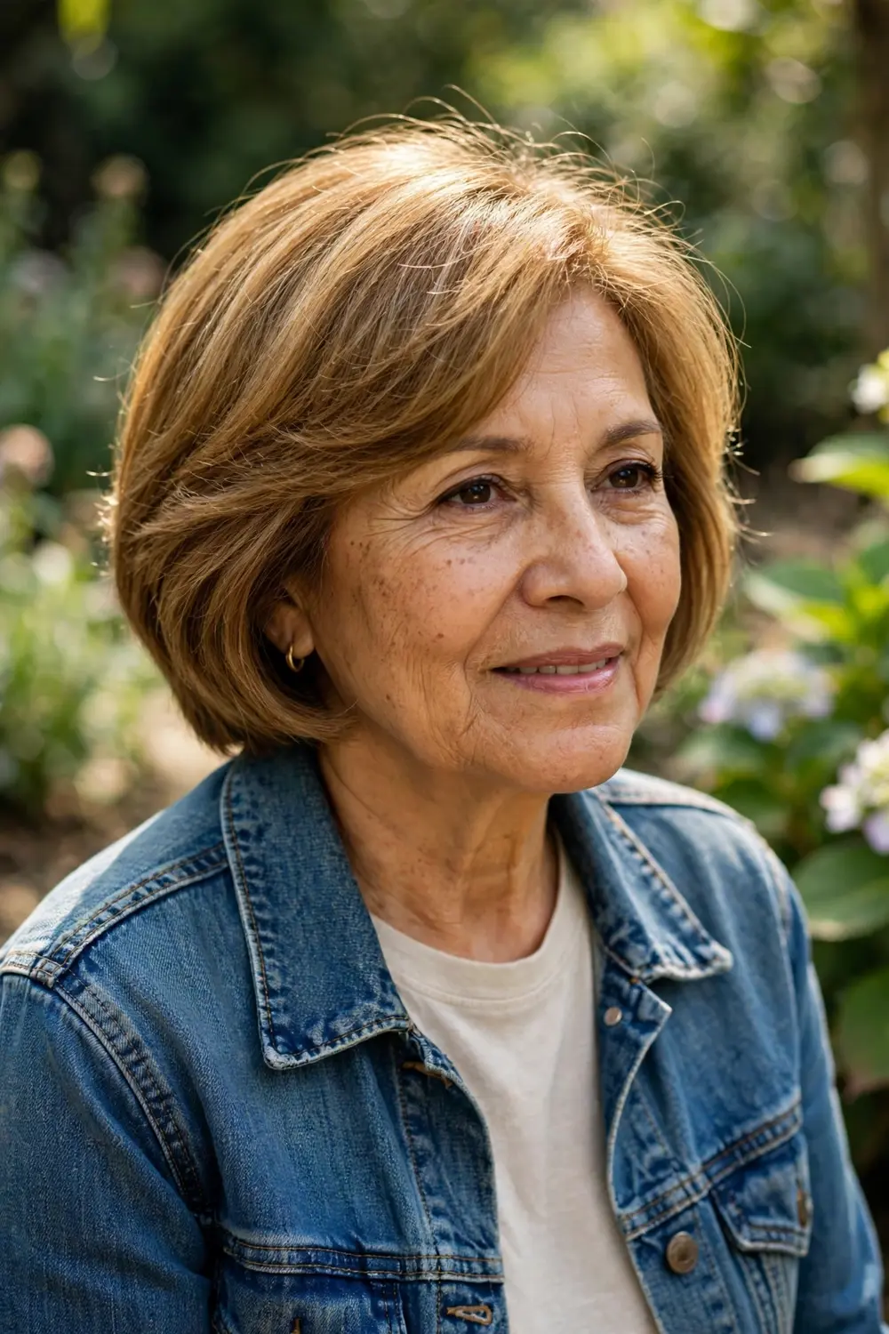 Woman over 50 with a soft wedge haircut featuring angled layers